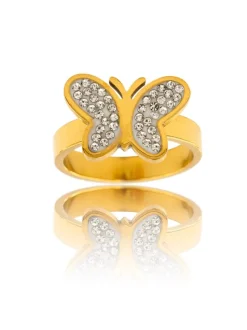 Bague Femme avec Papillon Acier Doré Ornée Zirconium